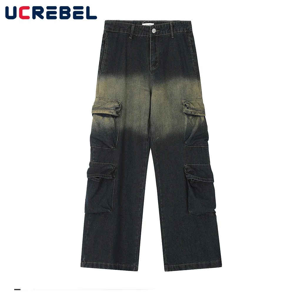 

Gradient Dyed Denim Pants Mens High Street Hip Hop Multi-Pocket Loose Wide Leg Pants Men