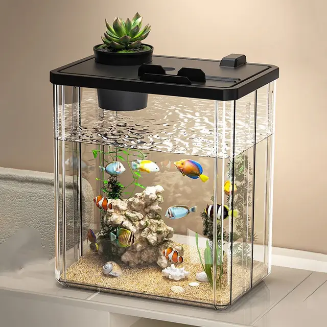 Transparent Betta Fish Viewing Box Removable with Cover Tabletop Fish Tank Goldfish Bowl Plastic Hydroponic Planter Fish Tank 4