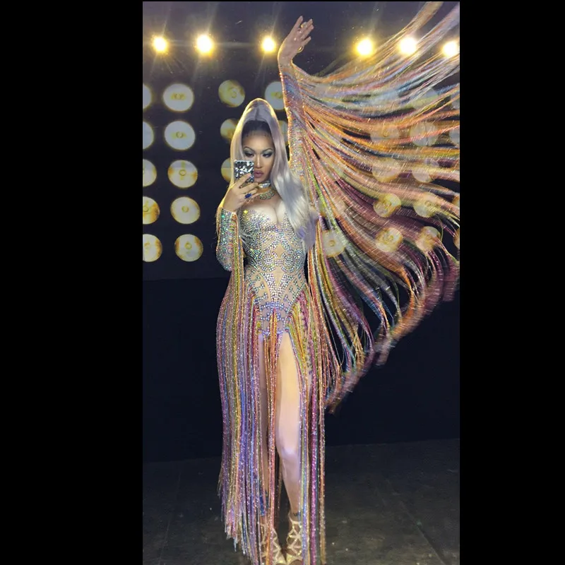 

Sparkly Long Tassel Rhinestone Bodysuits Women Sexy Jazz Singer Leotard Stage Costume Pole Dance Performance Wear Club Jumpsuits