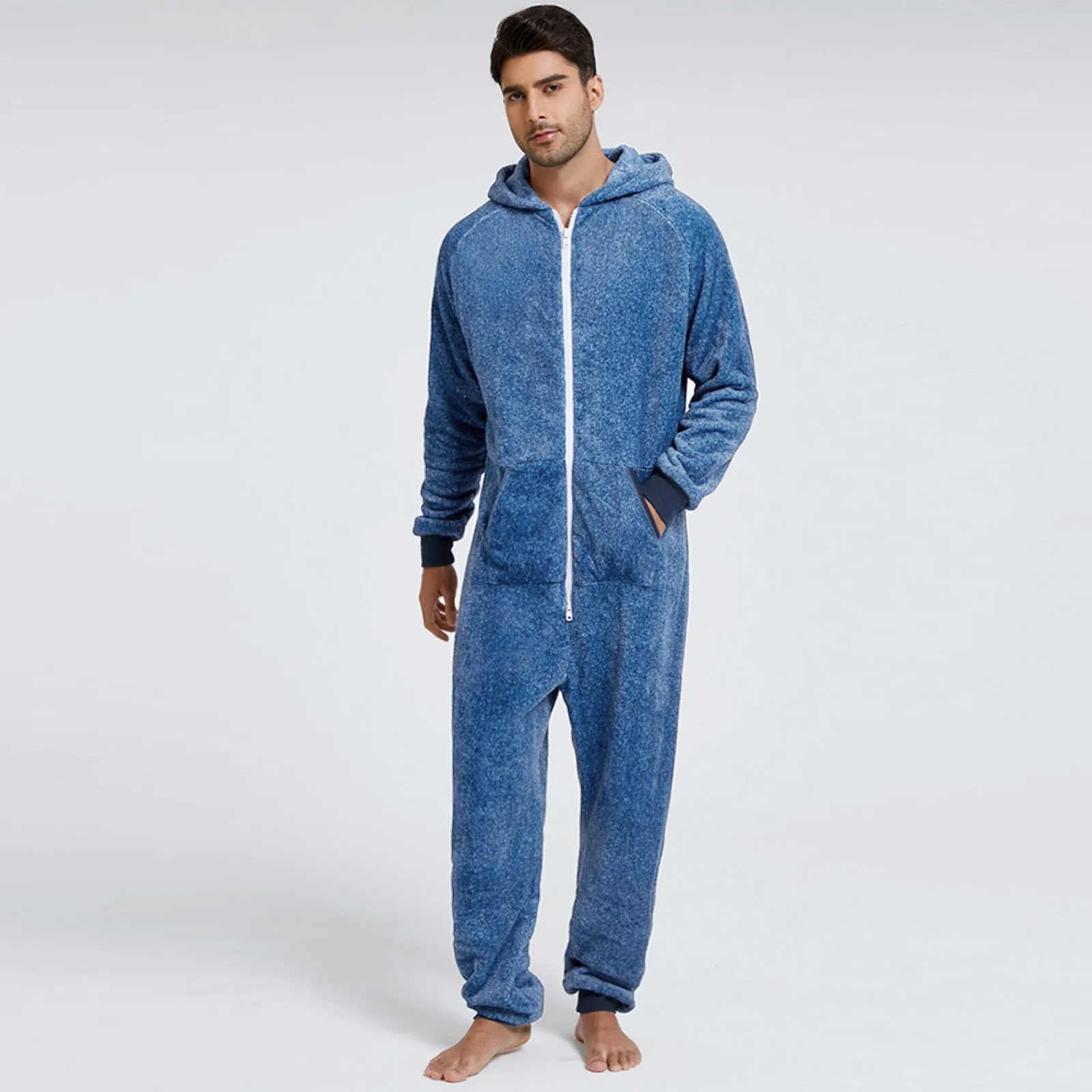 Men Warm Fleece Onesie Fluffy Sleep Lounge Adult Sleepwear One Piece Pyjamas Male Jumpsuits Hooded Sleepwear For Adult Male