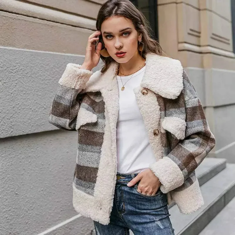 

2024 Vintage Plaid Jacket Lamb Wool Coat Women Thicken Warm Casual Loose Fleece Jackets Coats with Pocket Spring Autumn Fashion