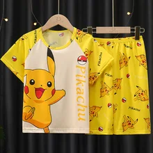 Summer Pikachu Pokemon Cartoon Pajamas Set Children Boy Girl Short-sleeve Cotton Sleepwear Pullover Nightwear Homewear Set
