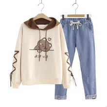 

2 Pieces Anime Kid Clothing Autumn Girls Spring Long Sleeve Hoodies + Decoration Jeans Teen Outfit Sets 7-18 Years