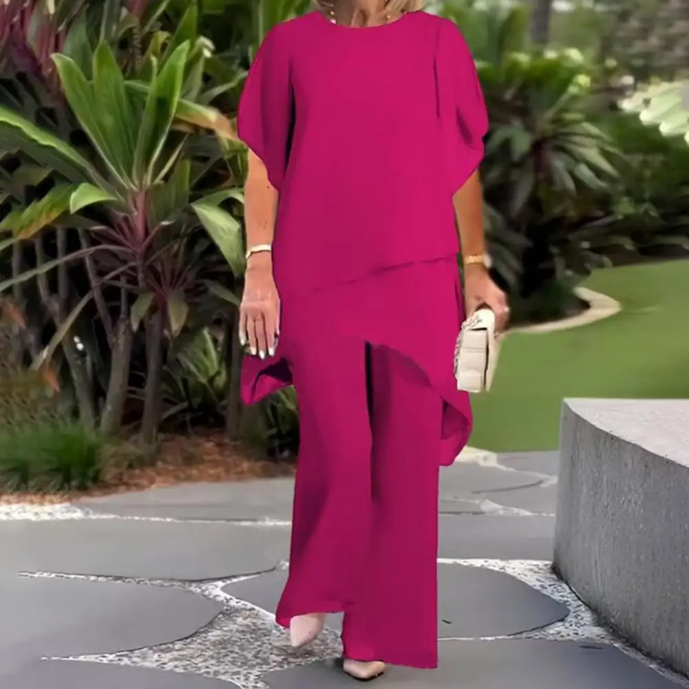 Jewel Neck Long Sleeve Top and Pants Chiffon Set Grape main image 1