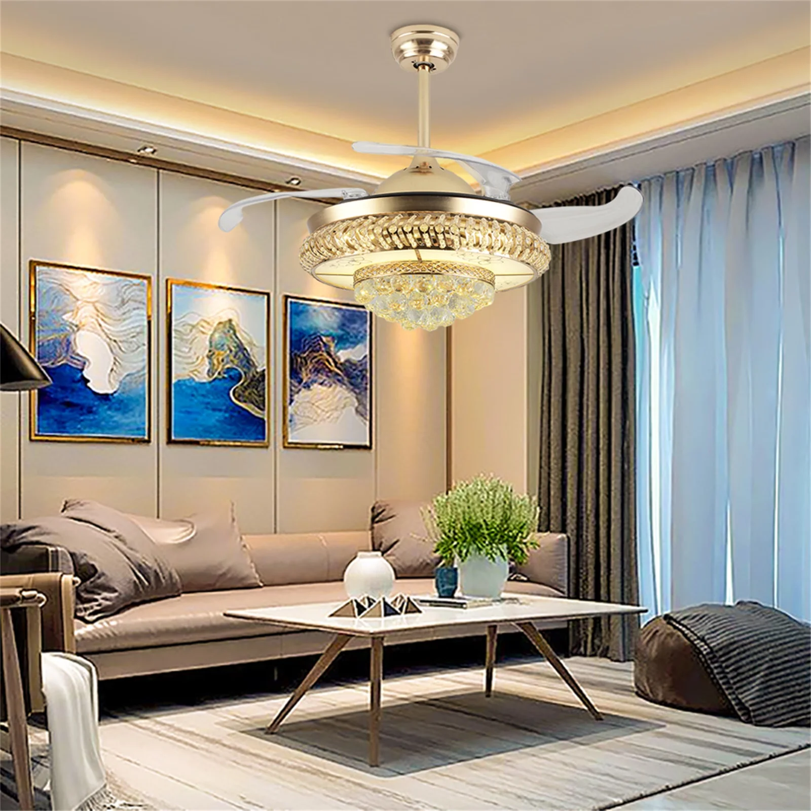 

36/42 Inch Gold Chandelier Crystal Retractable LED Ceiling Fan Light with Remote Control Lamp