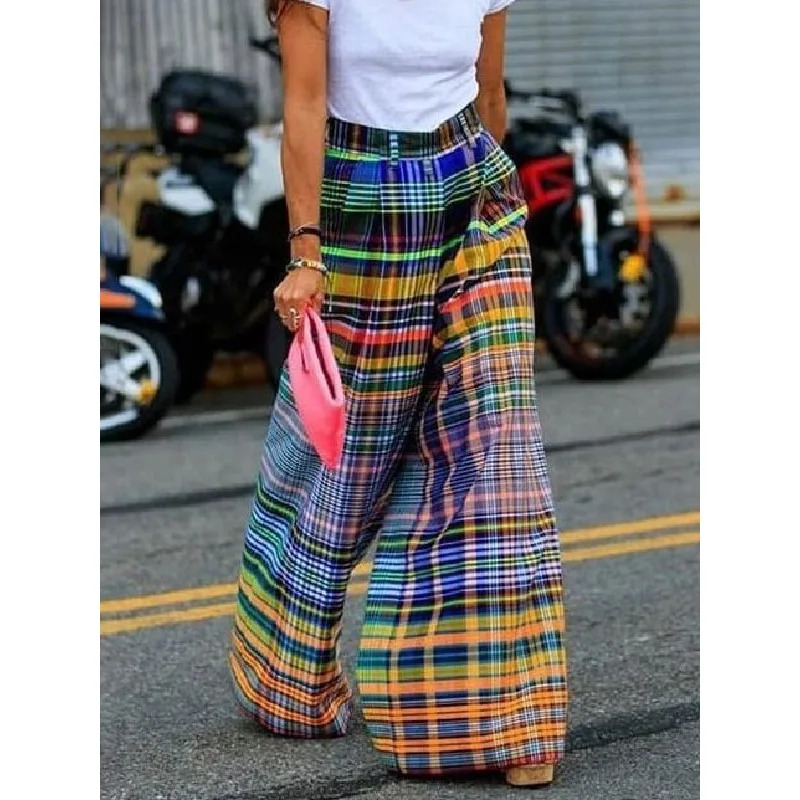 

Colorful Plaid Wide Leg Pants for Women 2023 Autumn New Checkerboard Printed Loose Casual Mid Waist Trousers Bottoms Streetwear
