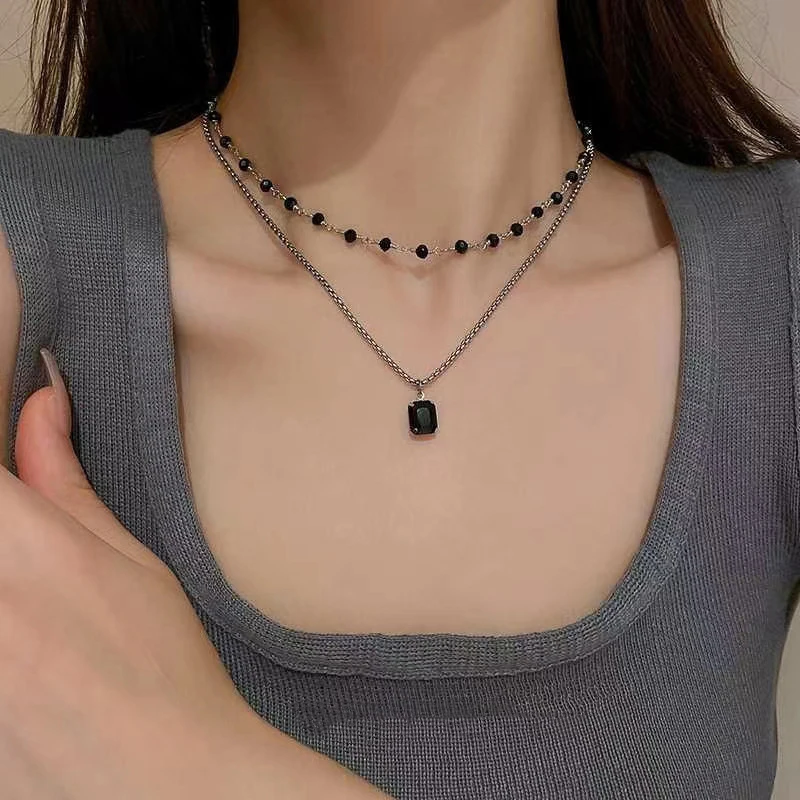 

Women Choker Necklace Double Layer Beads Necklace Gift for Friend Silver Color Geometric Necklace Collar Jewelry