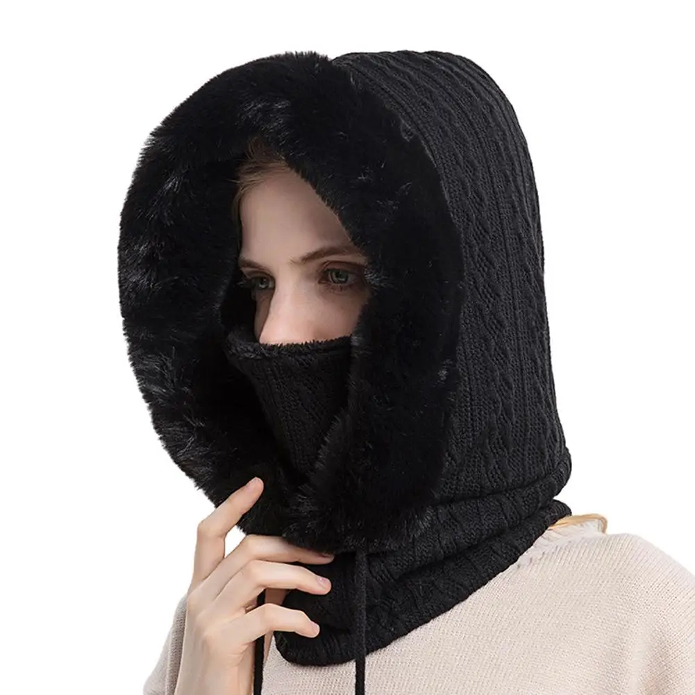 Winter Fur Cap Mask Set Hooded for Women Knitted Cashmere Neck Warm Balaclava Ski Windproof Hat Thick Plush Fluffy_voghion.com