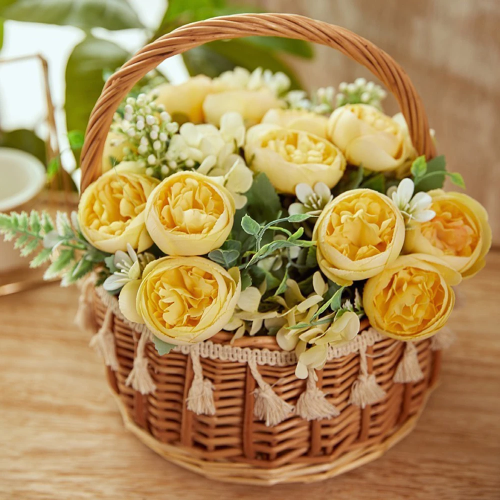 26cm Pink Silk Rose Artificial Flowers Bouquet for Cemetery Wedding Retro Peony Fake Flowers Floral Bridal Handheld Decoration