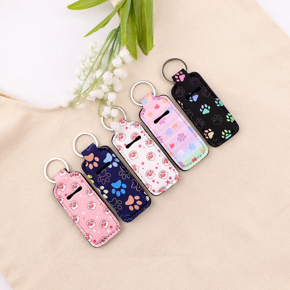 AFPANQZ Dog Paw Print Chapstick Keychain - Neoprene Lip Balm Holder, Lightweight Car Key Organizer