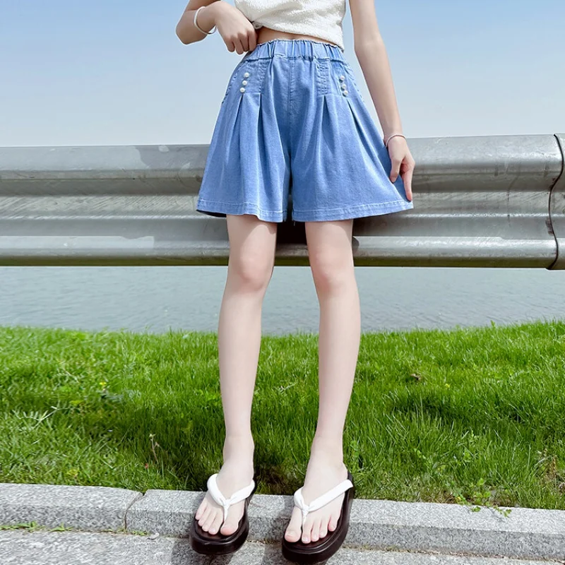 여아용 진주 텐셀 데님 반바지, 느슨한 얇은 청바지 반바지, 십대 소녀 캐주얼 하의 복장, 5-15 세