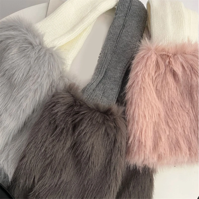 

Harajuku Women Leg Warmer Rib Knit Colorblock Fuzzy Plush Patchwork Boot Socks