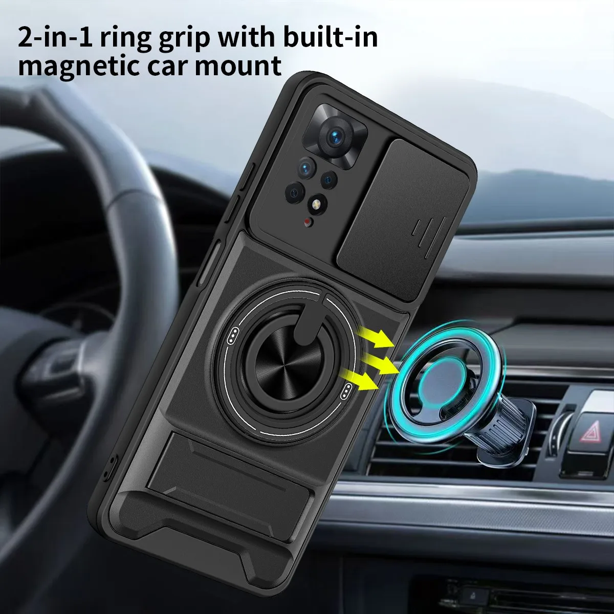 Armor Shockproof Phone Case with Sliding Camera Cap and Built-in Magnet Ring Kickstand
