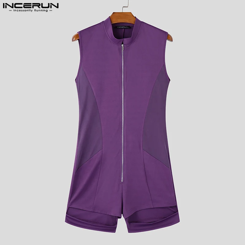 INCERUN American Style Homewear Men's Sexy Casual Zipper Design Jumpsuits Solid Thin Comfortable Sleeveless Bodysuits S-5XL
