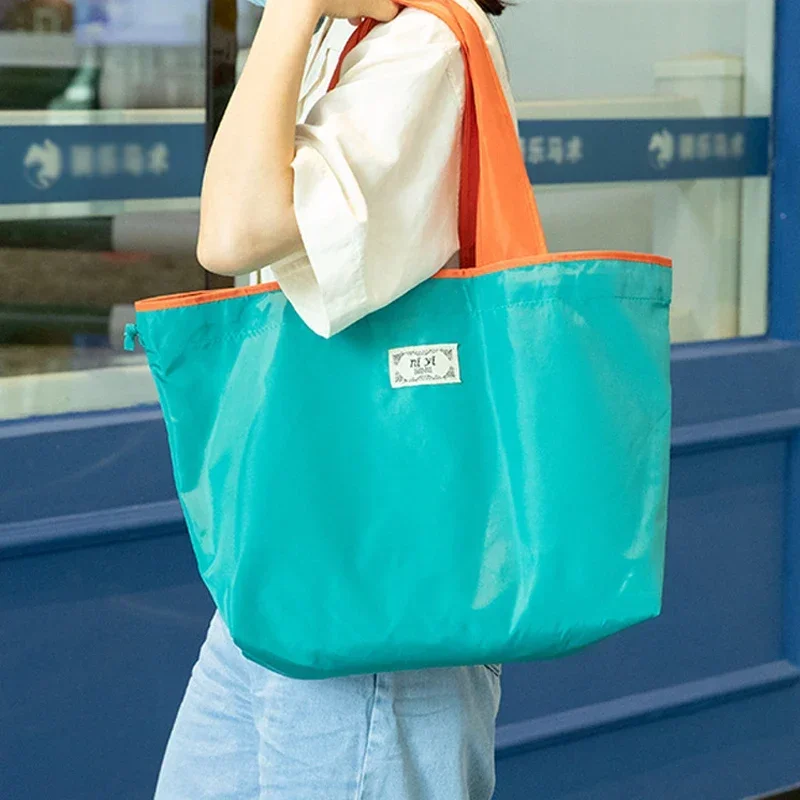 

Women Large Capacity Foldable Shopping Bag With Drawstring Closure Foldable Eco-Friendly Shoulder Bag Reusable Grocery Bag