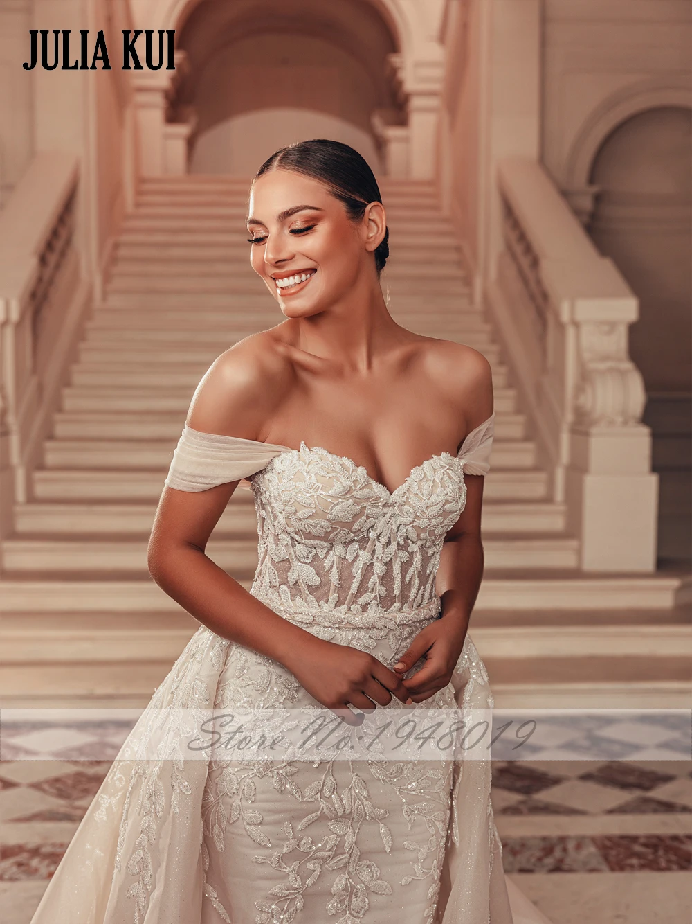 Elegant Shiny Tulle Off Shoulder Sweetheart Mermaid Wedding Dresses Beading Embroidery Appliques Lace 2 In 1 Bridal Gown 5