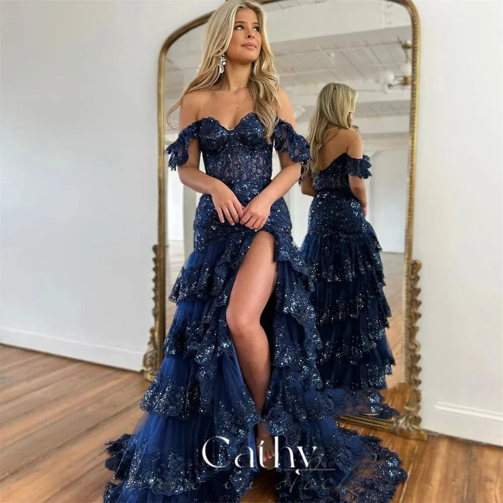 

Cathy Mist Blue Beaded Off Shoulder Tulle Wedding Dress Shiny Sequins A-line Custom Dresses High-low Long Train vestido feminino