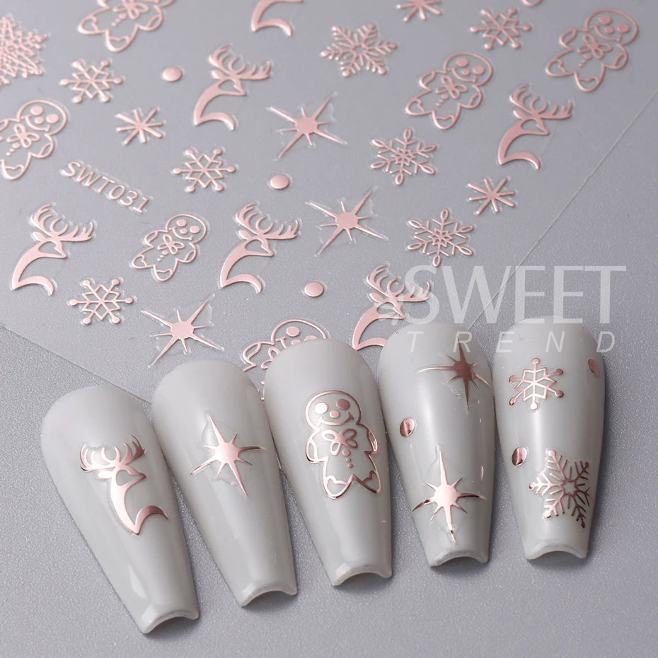 3pcs Christmas Nail Stickers Rose Gold Silver Snowflakes Reindeer Gingerbread Self-adhesive Decals Manicure Decoration Slider