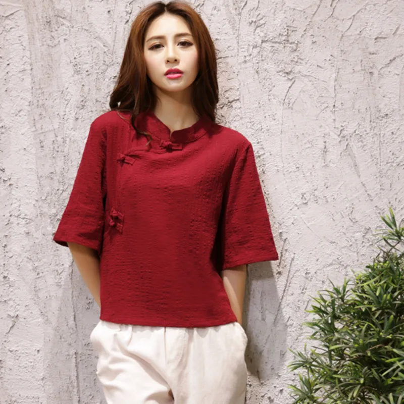 Cotton Linen Vintage Tops Short Women 2022 Summer New Solid Improve Chinese Shirt Female Ethnic Style Blouse Traditional Clothes