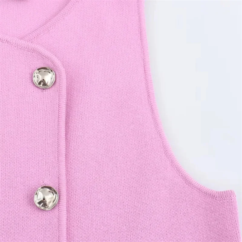 TRAF Knit Sleeveless Vest Woman Fashion Pink Knitted Cropped Vest Female 2024 Double Breasted Summer Top New In Short Coats 5