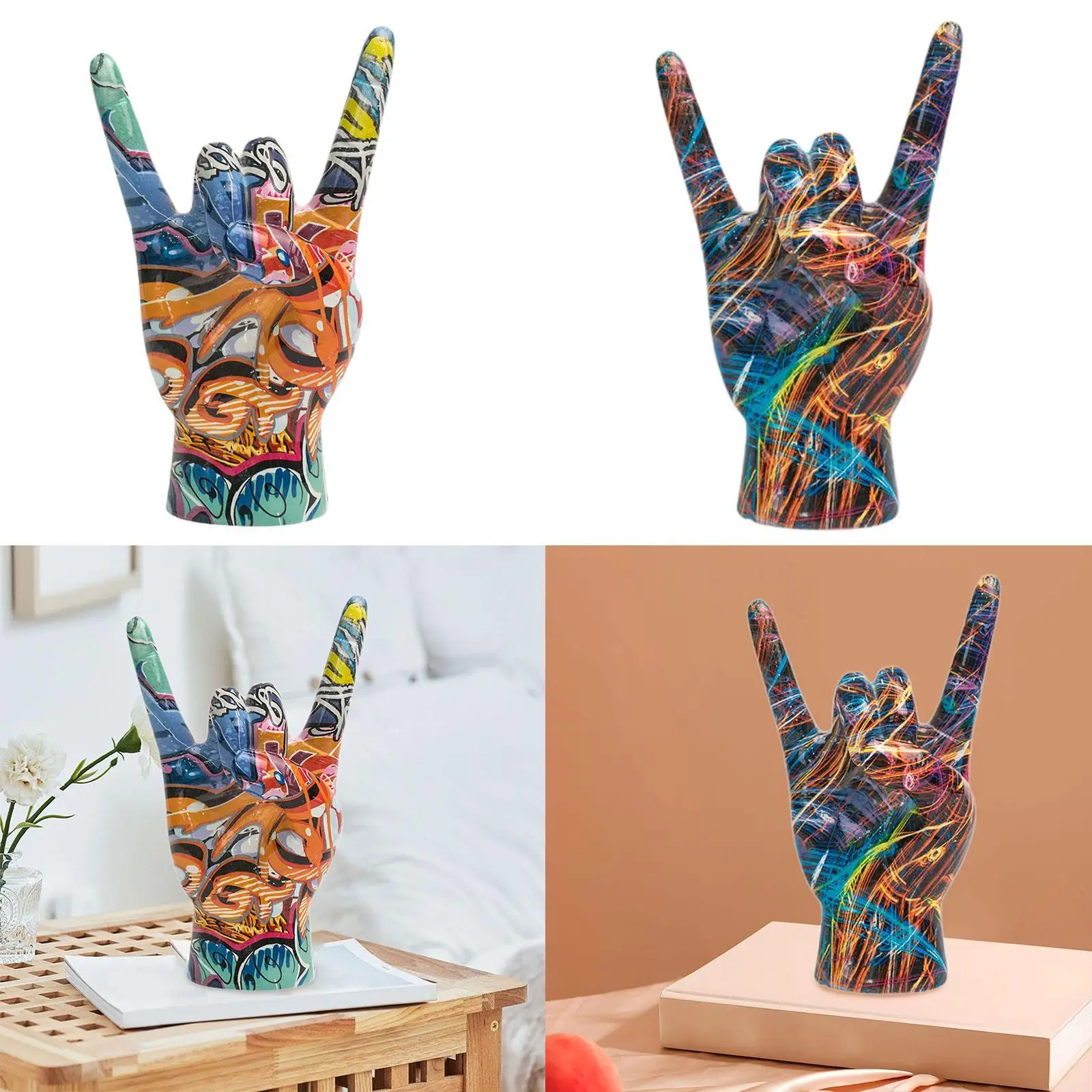 Rock on Hand Gesture Statue Art Figurine Home Decor Centerpiece Delicate Creative Sculpture for Cabinet Office Indoor Shelf Home
