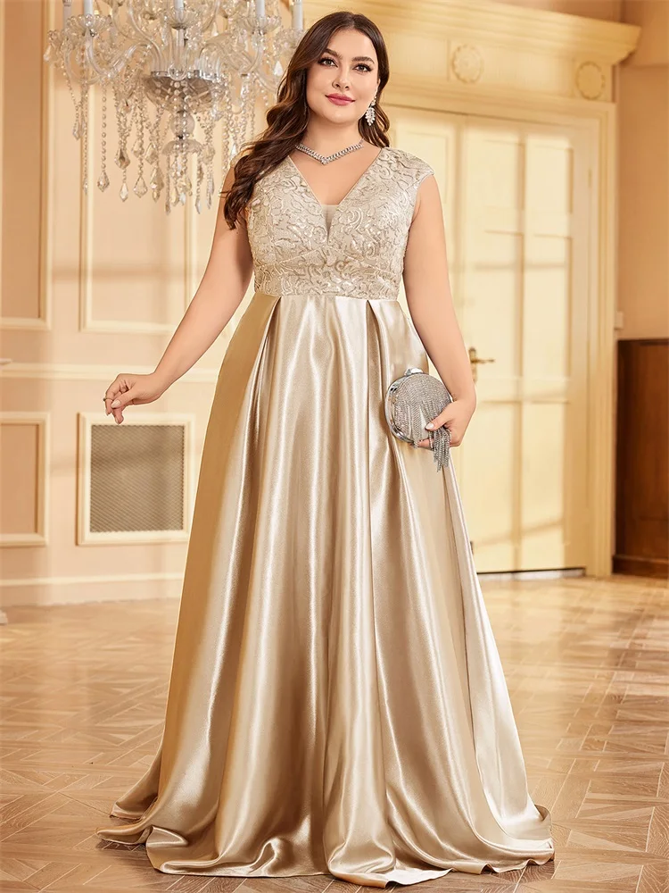 Princess V-neck Satin Dresses with Pockets Clover Plus Size