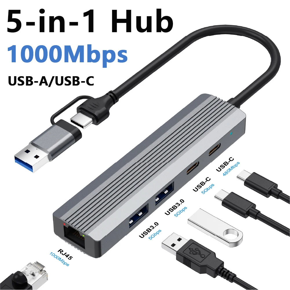 5-in-1 USB Hub with Gigabit Ethernet, 2x USB 3.0 (5Gbps), USB-C 3.0 (5Gbps)and 2.0 for Home Office, Laptop and Desktop 1