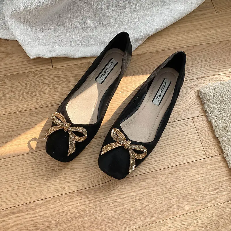 Flat Shoes Women's Spring Autumn New 2023 French Square Toe Bow Casual All-match Black Pumps Mules Ladies shoes Plus Size 43 44 4