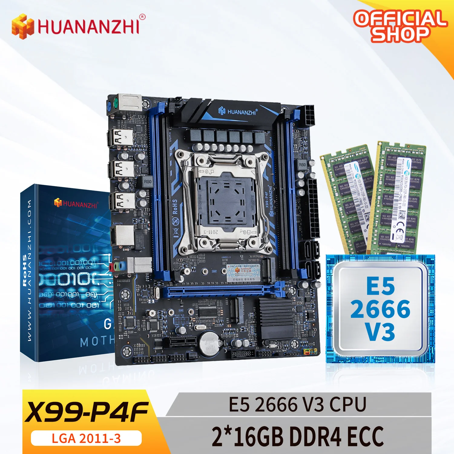 

HUANANZHI X99 P4F LGA 2011-3 XEON X99 Motherboard with Intel E5 2666 V3 with 2*16G DDR4 RECC Memory Combo Kit Set NVME RU