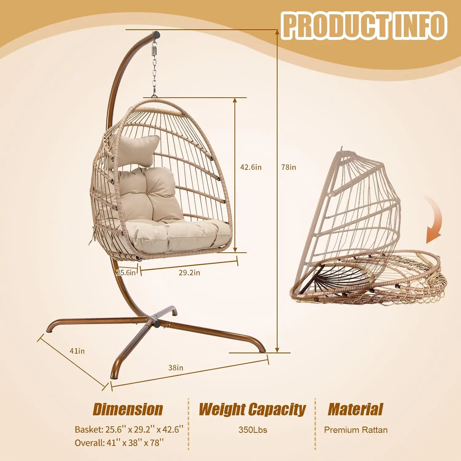Swing Egg Chair with Stand Indoor Outdoor Wicker Rattan Patio Basket Hanging Chair UV Resistant Cushions 350lbs Capacity