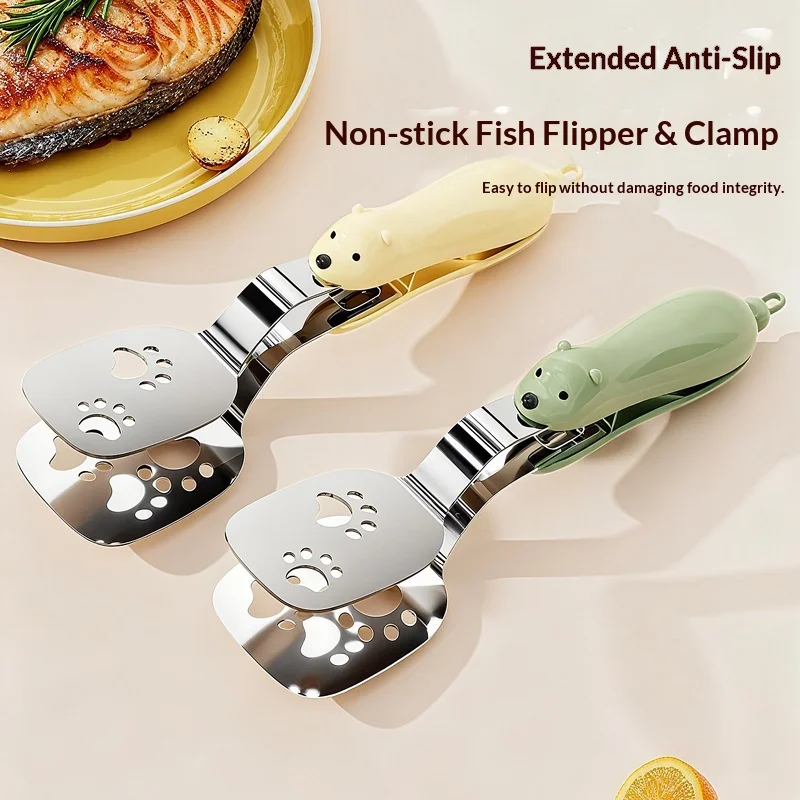 304 Stainless Steel Fish Turner Cartoon Bear Food Tongs Extendable Locking Pan-fried Fish Cake Anti-Slip Stainless Steel Clamps