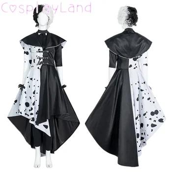 Costume Cosplay Cruella Estella, Cappotto Punk Bianco e Nero a Pois, Camicia, Pantaloni, Guanti, Parrucca, Outfit da Donna per Feste Serali Emma Magic