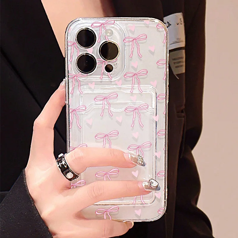 iPhone Case Transparent Card Slot Bag Holder Wallet With Bow Print Cover For iPhone 16 15 14 Pro Max 13 12 11 XS X XR 7 8 Plus SE