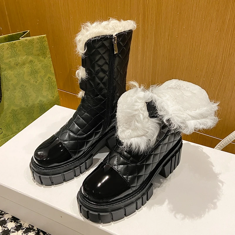 

2022 European winter boots natural leather warm snow boots 22-24.5cm Patent leather+special fabric+wool ankle boot Woolen boots