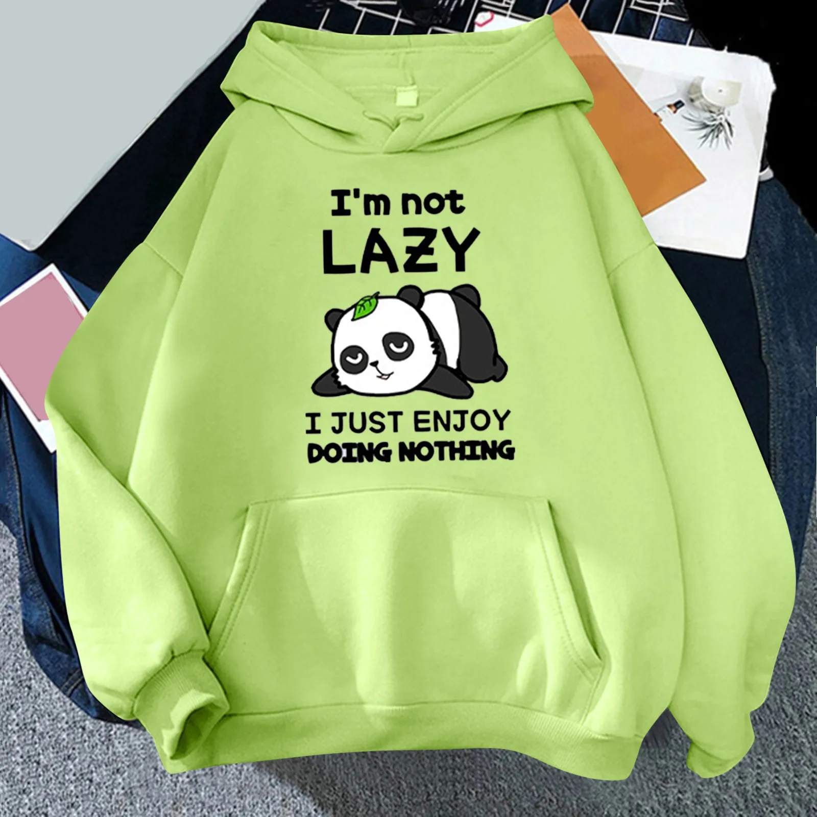 Cute Panda Lazy Print Hoodies Women's Sweatshirt Warm Vintage - Technical View