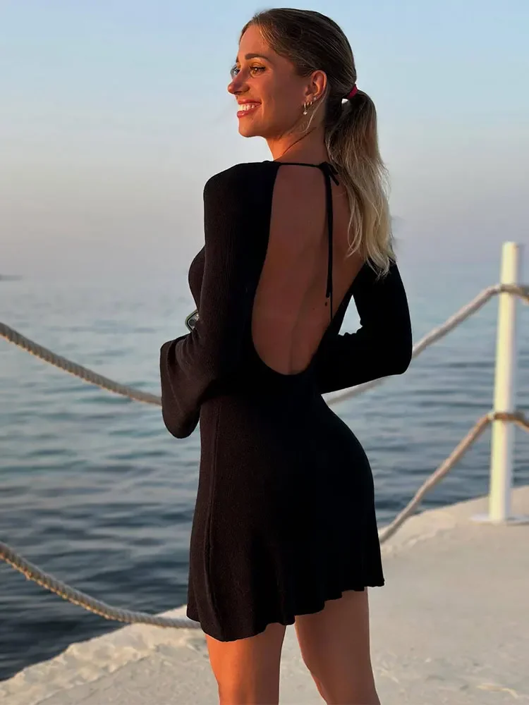 2024 Sexy Backless Bell Sleeve Knitted Wrap Beach Mini Dress Casual Beachwear 2024 Women's Summer Swimsuit Bikini Cover-ups