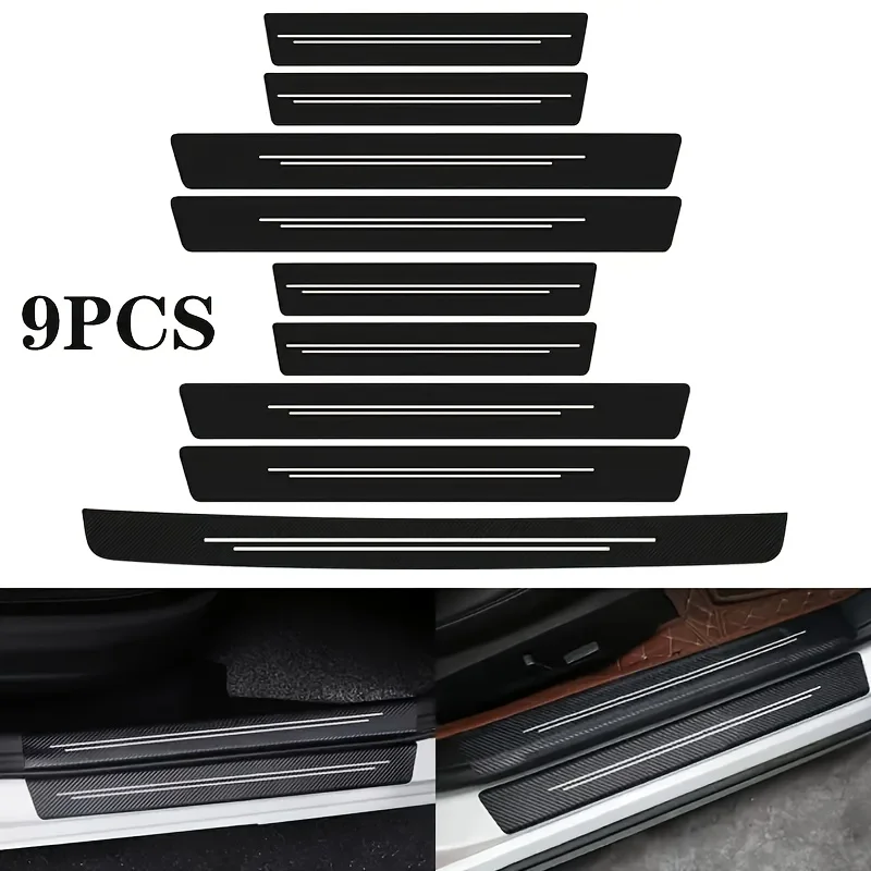 9PCS 자동차 도어 실 가드 스티커 필름 긁힘 방지 카본 파이버 보호대 스커프 페달 커버 자동차 액세서리