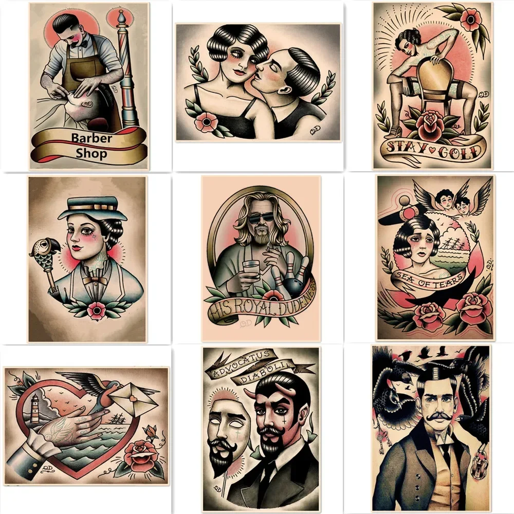 

Retro Creative Tattoo Art Posters and Prints Wall Hanging Painting Vintage Kraft Paper Stickers Barber Shop Wall Decor Drawing