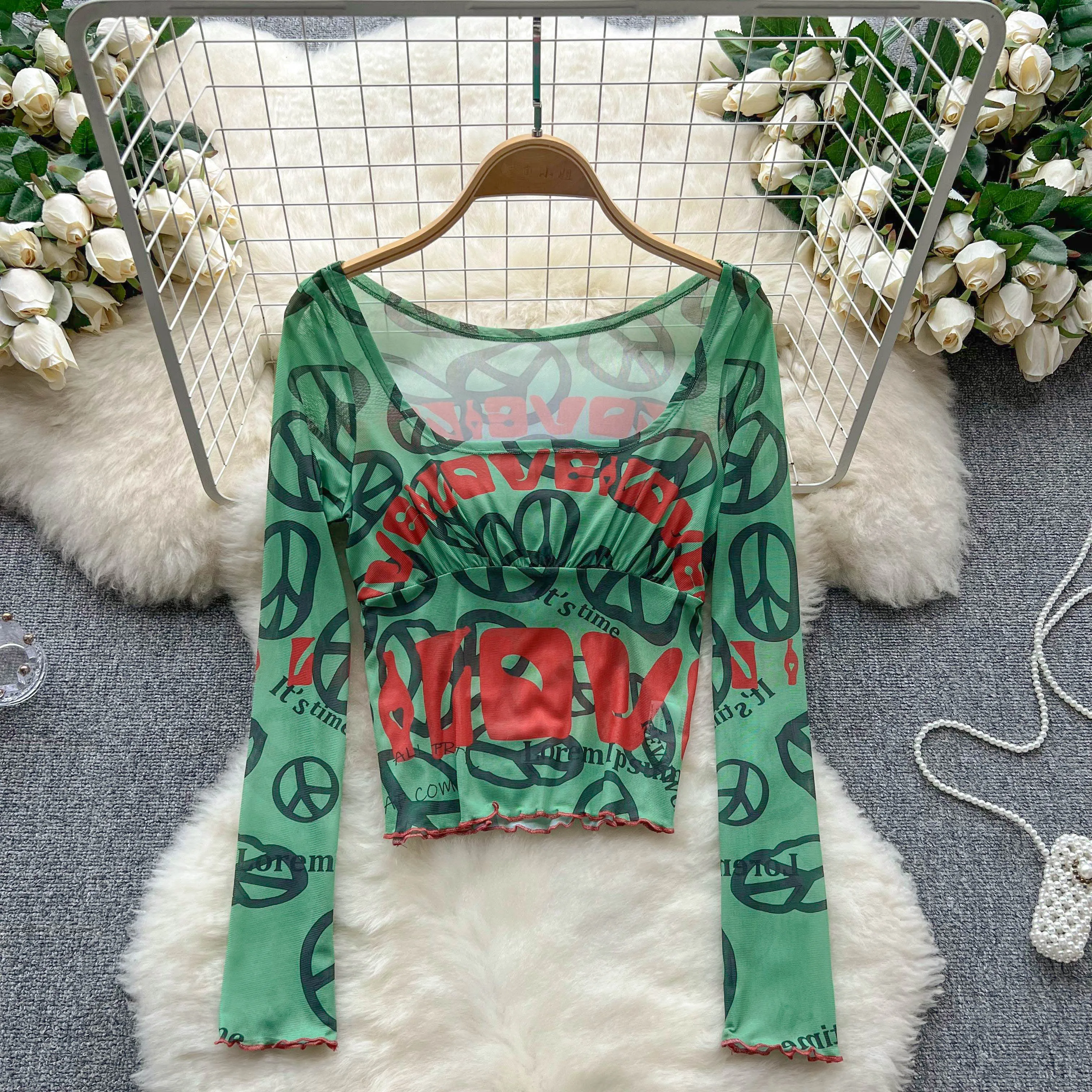 

Винтажная Сетчатая футболка с квадратным вырезом, Женская облегающая футболка с длинными рукавами и надписью, верхняя одежда для шоу и мероприятий, топ с внутренним слоем