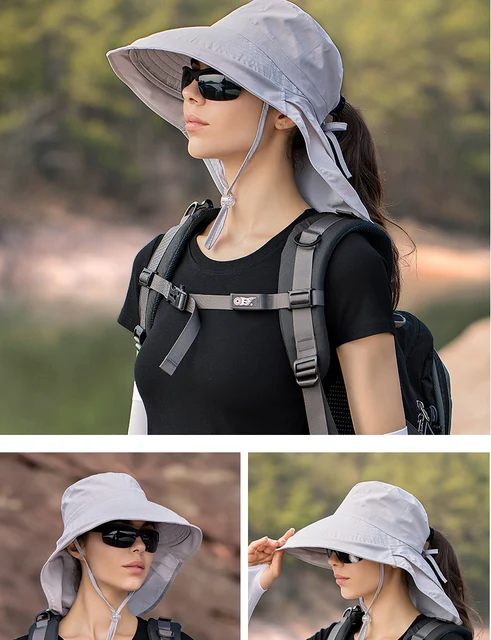 Cappello da sole a tesa larga da donna Cappello a secchiello Cappello estivo da pesca all'aperto Escursionismo Protezione UV anti-collo Scialle Visiera Cappello da donna Cofano_voghion.com