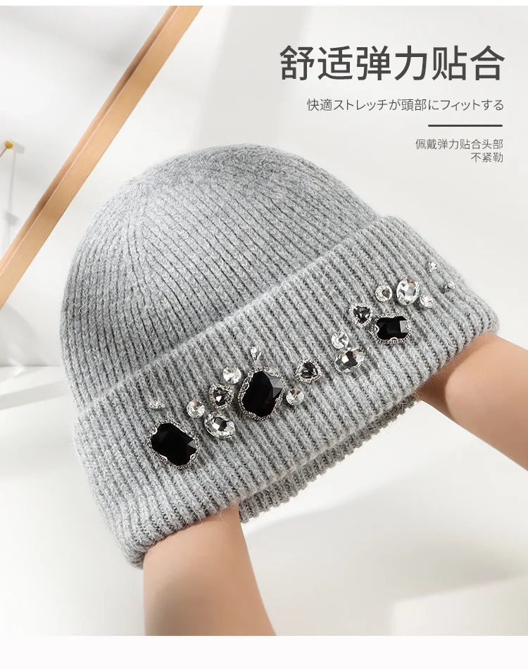 Luxury Winter Women Beanie Hat Crystal Rabbit Fur Knitted Hat for Women Casual Outdoor Warm Ear Protection Skiing Knitted Cap