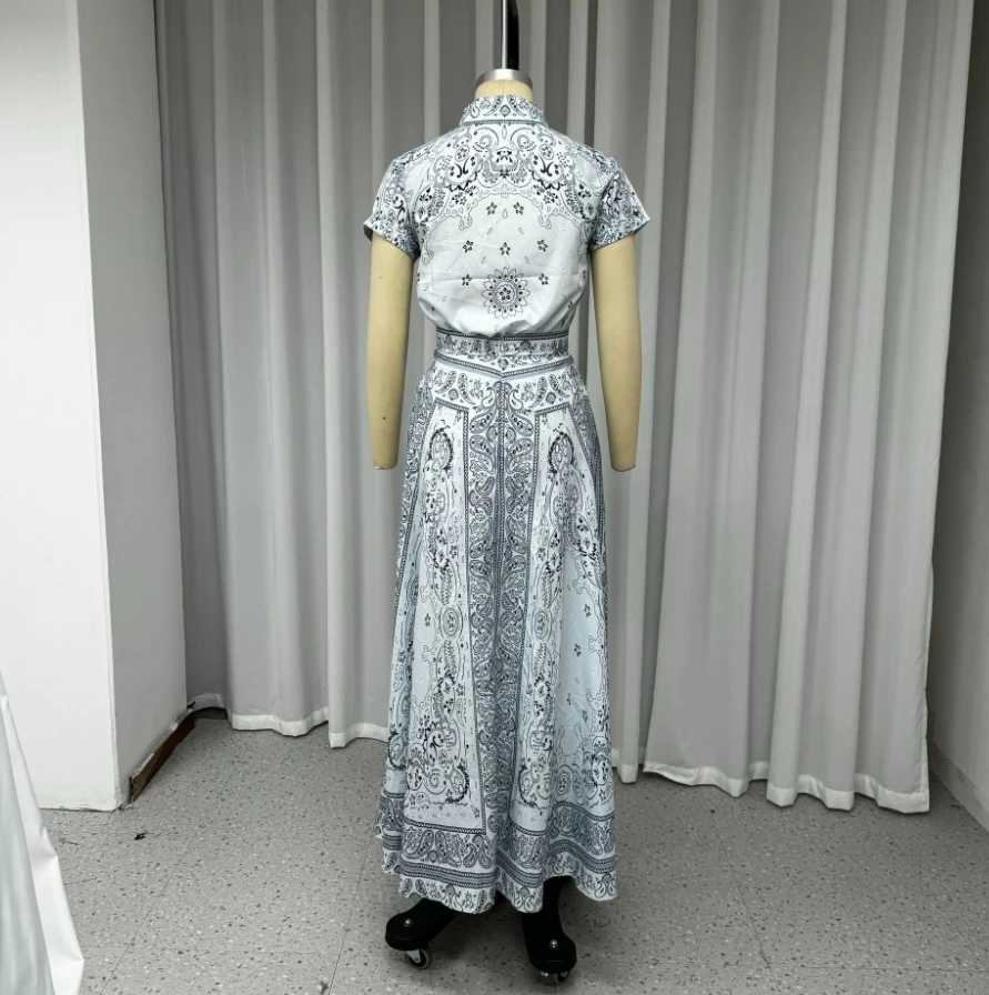 Summer Fashionable Women's New Dress with A Lapel Cashew Flower Print Waist Tie Two Piece Set of Retro Comfortable Dress