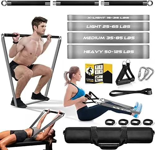 

Band Bar, 500 LBS Load 38\u2019\u2019 Workout Bar with Heavy Duty Resistance Bands with Bar for Exercise Chest Press Squats Dead