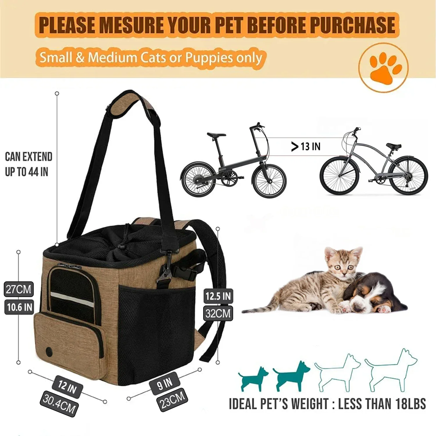Bicycle Front Basket Bicycle Pet Dog Carrying Bag Removable Suspension Folding Duffel Bag 15 lbs Weight Capacity