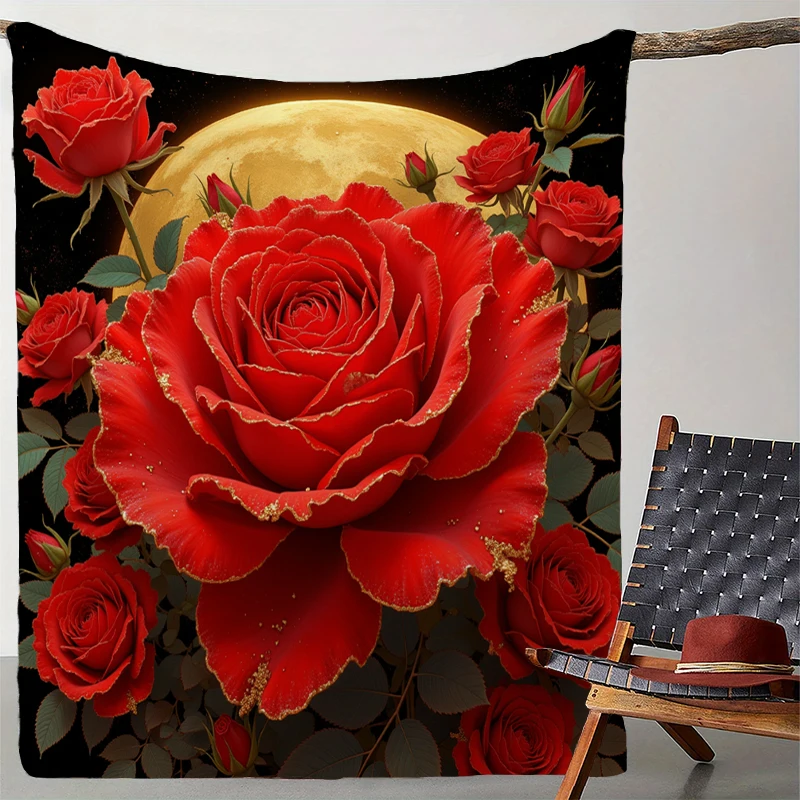 Rose Moon Print Blanket Soft Throw Blanket for Home Bedroom Bed Sofa Travel Office Solid Cover Blanket Valentine's Day