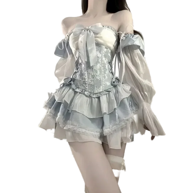 French Romantic Lolita Opal Elegant Girl Cosplay Princess Puffy Sleeve Bow Flower Tunic Mesh Fantasy Fairytale Dress 2