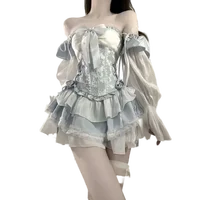 French Romantic Lolita Opal Elegant Girl Cosplay Princess Puffy Sleeve Bow Flower Tunic Mesh Fantasy Fairytale Dress 2