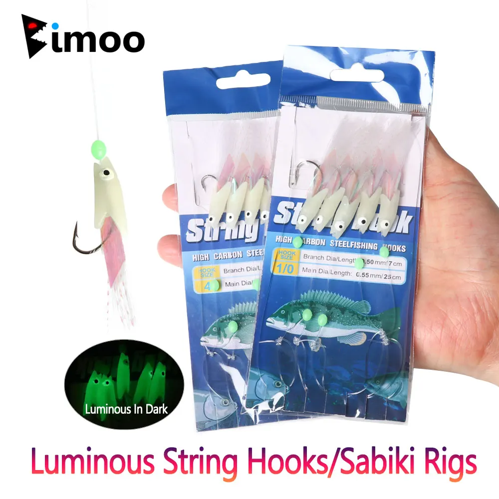 Bimoo 5packs Luminous String Hooks Sabiki Rigs Glow Fish Head Twisted Flashabou Tinsel Tail Freshwater Saltwater Fishing Lures