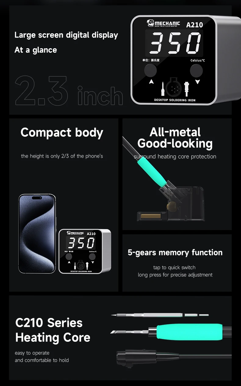 MECHANIC A210 Desktop Soldering Iron Intelligent LED Large Display Heating Core Short Circuit Protection Welding Station Soldering Iron Soldering Station Soldering Tool Welding Tool