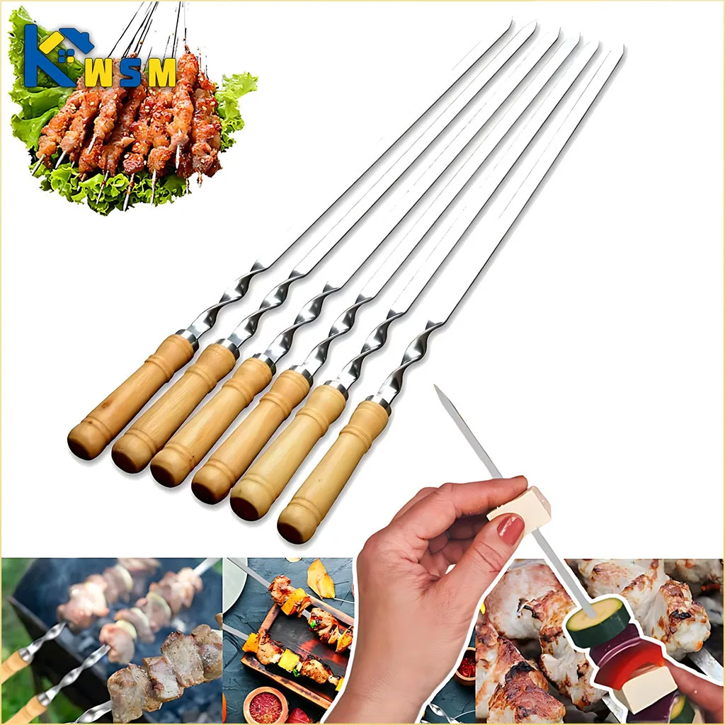 BBQ Fork BBQ Skewers Long Handle Kebab Barbecue Grill Sticks Reusable Stainless Steel Outdoor Camping Grill Needle 6-24PCS 55cm